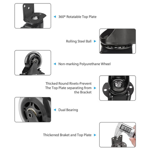 Side Mount Casters Set Of 4 With Brake, 3 Inch L Shaped Plate Casters details and features highlighted