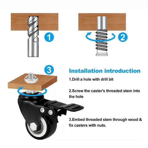 Installation steps for Set Of 4 Heavy Duty 1.5 Inch Stem Casters With 5/16-16 X 1 Inch Threaded Stems Carbon Steel Frame And Polyurethane Wheels.