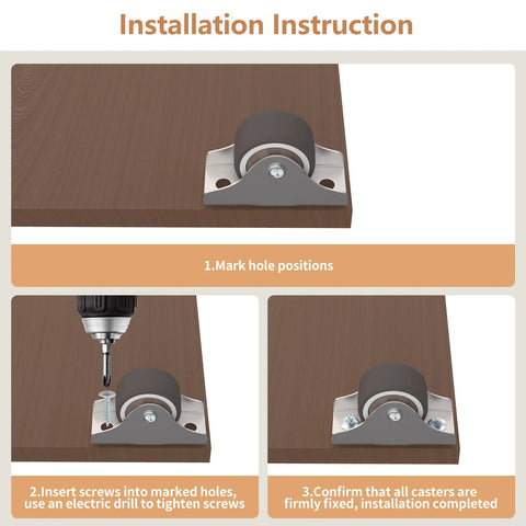 Installation steps for Low Profile 1 Inch Fixed Plate Casters Set Of 4 With Silent TPR Wheels on wooden surface.