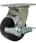Toolbox Caster Kit - 4" Polyolefin Casters for Job Boxes - 2,000 Lbs., side view of swivel caster with brake mechanism