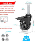 Diagram of Three Eighths Inch 16 UNC Threaded Stem Locking Swivel Caster with 3 Inch Wheels, hex nuts, and dimensions