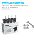 Three Eighths Inch 16 UNC Threaded Stem Locking Swivel Caster Set Of Four For Carts Dollies Workbenches And Trolleys on box with wrench and hex lock nuts