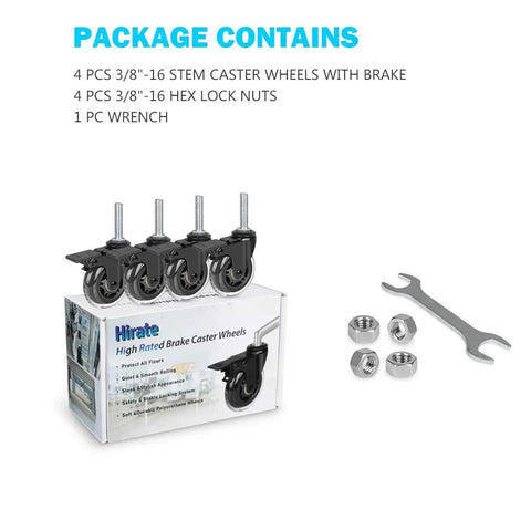 Three Eighths Inch 16 UNC Threaded Stem Locking Swivel Caster Set Of Four For Carts Dollies Workbenches And Trolleys on box with wrench and hex lock nuts
