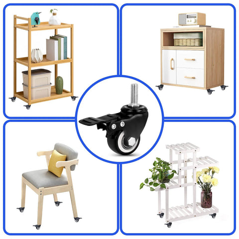 Set Of 4 Heavy Duty 1.5 Inch Stem Casters With 5/16-16 X 1 Inch Threaded Stems Carbon Steel Frame And Polyurethane Wheels on furniture.