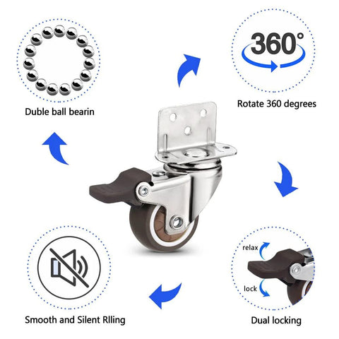 Heavy Duty Casters Set Of 4 With Brake For Baby Beds Carts And Cabinets 1 Inch L Shape Side Mount TPR Plate Wheels 80 Lb Load Capacity Ideal For Furniture Tables And Trolleys Smooth Movement And Floor Protection showing 360-degree rotation and dual locking feature