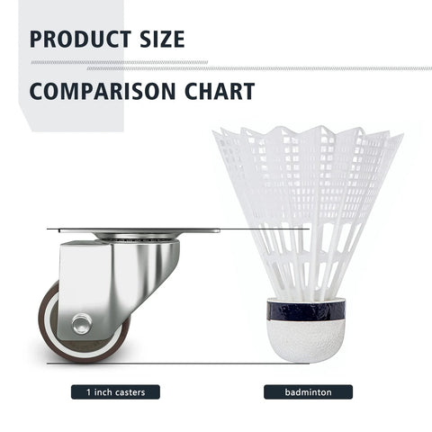 Comparison of Low Profile 1 Inch Caster Wheels Set Of 4 For Small Furniture with badminton shuttlecock highlighting size difference.