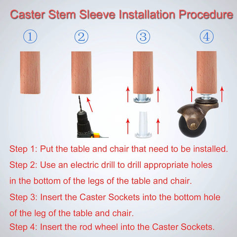 Installation steps for Metal Caster Socket Sleeve Set, 20 Pack Stem Inserts For 5/16 By 1-1/2 Inch Casters on chair legs.