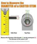 Diagram showing how to measure a caster stem diameter, highlighting thread measurement over centerpost, with ruler illustration.