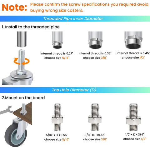 Installation guide for heavy duty 3 inch swivel stem casters set, showing threaded pipe and hole diameter options.