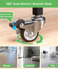 Close-up of 1.5 Inch Stem Casters Set of 4 With Brakes showing swivel wheel with lock on wooden floor.