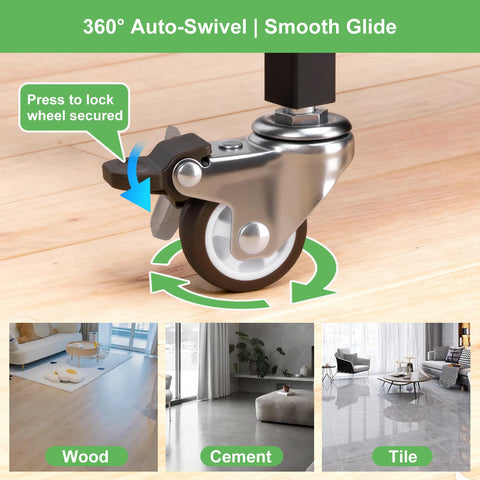 Close-up of 1.5 Inch Stem Casters Set of 4 With Brakes showing swivel wheel with lock on wooden floor.