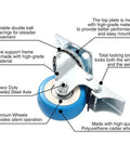 Close-up of 24 pack caster swivel plate with brake on blue polyurethane wheels, highlighting the wheel and locking brake features.