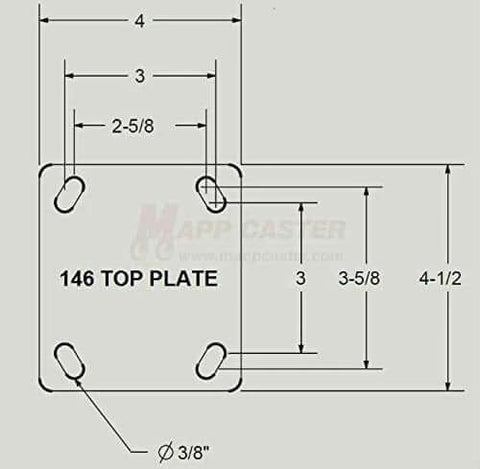 Dimensions diagram of toolbox, job box & gangbox 6" polyurethane on heavy duty iron core caster kit, showing top plate measurements.