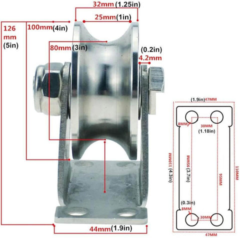 Side view of Caster Wheel with Groove,Heavy Duty Sheaves Track Pulley,304 Stainless Steel Directional Roller,100mm diameter, Double Bearing.