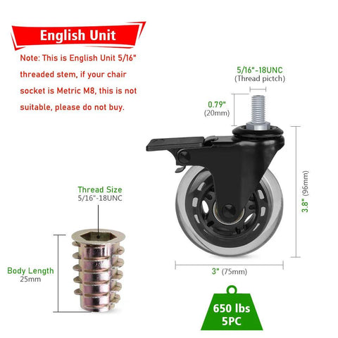 5 Pack 3 Inch Heavy Duty Caster With Brake 5 Sixteenth Inch 18 UNC Threaded Stem Rubber Locking Wheel image