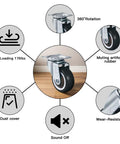 Diagram showing 1.5 Inch Caster Wheels Set Of 4 Heavy Duty No Noise Swivel Top Plate Casters details including max load and TPR wheel features.