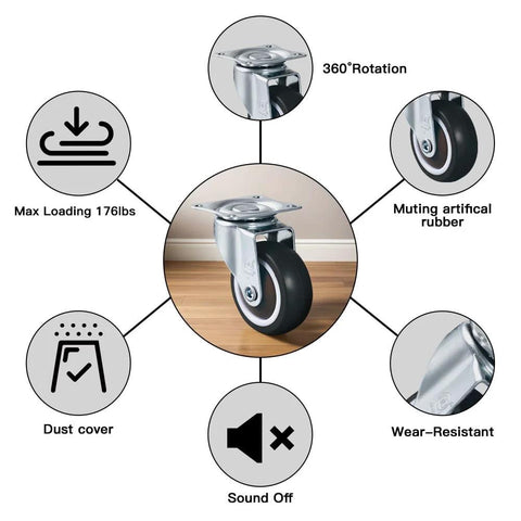 Diagram showing 1.5 Inch Caster Wheels Set Of 4 Heavy Duty No Noise Swivel Top Plate Casters details including max load and TPR wheel features.