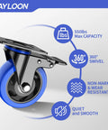Heavy Duty 4 Inch Caster Wheels Set Of 4 With Locking Swivel Brakes Industrial Plate Casters, side view, blue wheel, steel frame.