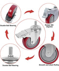4 Inch Heavy Duty Stem Casters With 360 Degree Swivel And Double Locking Brake Red PVC Wheels M12 1.75 Thread Thickened Galvanized