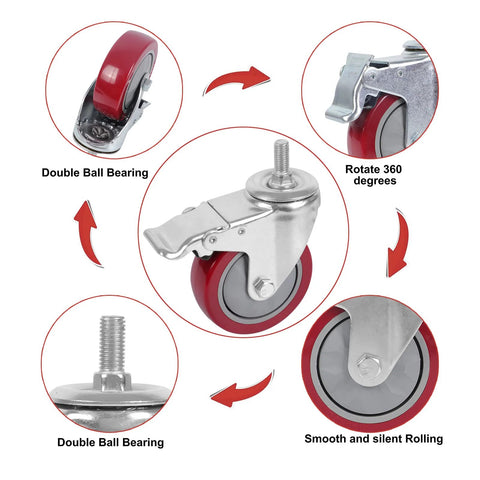 4 Inch Heavy Duty Stem Casters With 360 Degree Swivel And Double Locking Brake Red PVC Wheels M12 1.75 Thread Thickened Galvanized