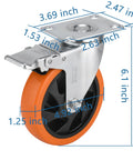 Five Inch Caster Wheels Set Of Four With Two Swivel Casters With Brakes And Two Rigid Casters For Flexible Mobility 360 Degree Rotating Lockable Plate Caster Wheels For Workbench Cart And Furniture Load Capacity 2400 Pounds side view with dimensions