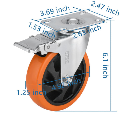 Five Inch Caster Wheels Set Of Four With Two Swivel Casters With Brakes And Two Rigid Casters For Flexible Mobility 360 Degree Rotating Lockable Plate Caster Wheels For Workbench Cart And Furniture Load Capacity 2400 Pounds side view with dimensions