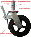 Side view of 8-inch caster wheel with cast iron hub, showing locking brake, two-hole mounting stem, and rubber gasket details.