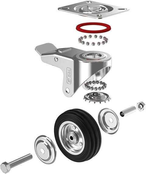 Exploded view of 3 Inch Heavy Duty Caster Wheels With Two Brakes And Screws Set Of 4 Silent Rubber Castors For Furniture No Floor Marks Silver