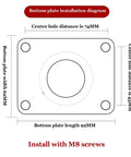 Diagram of bottom plate dimensions for 2.5 Inch Heavy Duty Swivel Caster Wheels Set of 4 with Brake, showing hole distances and installation