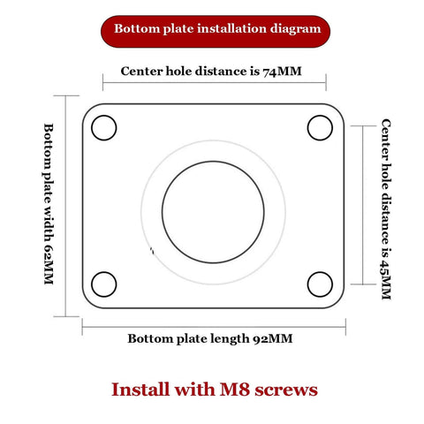 Diagram of bottom plate dimensions for 2.5 Inch Heavy Duty Swivel Caster Wheels Set of 4 with Brake, showing hole distances and installation