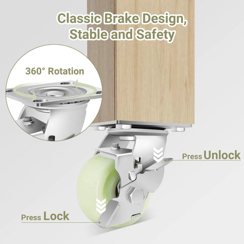 Heavy Duty Caster Wheels 4 Inch - 2500 LBS, PP Plate Castor Set with braking mechanism and 360-degree rotation