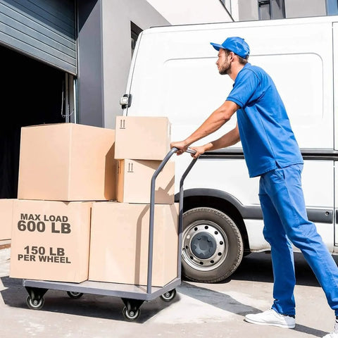 Person pushing a cart with boxes, showing 2 Inch Caster Wheels 12 Pack 6 Rigid Non Swivel Fixed Casters And 6 Swivel Plate Casters No Brake.
