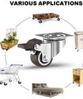 1 Inch Small Caster Wheels With Two Brakes And Screws Low Profile Silent Casters Set Of 4 For Cart And Furniture Each Up To 90 Lbs No Floor Marks Easy Mobility And Back Saving Ideal For Lightweight To Medium Heavy Equipment with various applications shown.