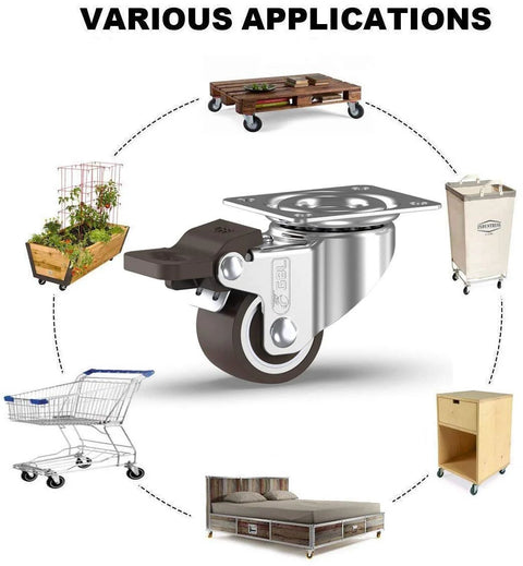1 Inch Small Caster Wheels With Two Brakes And Screws Low Profile Silent Casters Set Of 4 For Cart And Furniture Each Up To 90 Lbs No Floor Marks Easy Mobility And Back Saving Ideal For Lightweight To Medium Heavy Equipment with various applications shown.