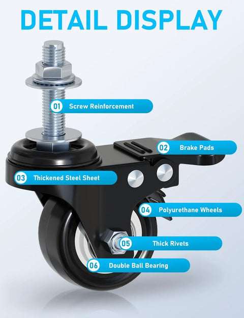 Detail view of Two Inch Swivel Caster Wheels Set Of Four Heavy Duty 440 Lb Capacity Silent Noiseless Rolling with labeled features