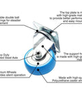 24 pack caster swivel plate with blue polyurethane wheels, 2 inch swivel casters with no brake, close-up of features.