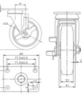 Technical drawing of Heavy Duty 5 Inch Caster Wheels Set Of Four Non Marking Premium Commercial Grade With Two Rigid And Two Swivel Brakes.