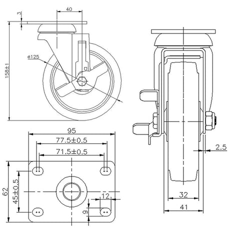 Technical drawing of Heavy Duty 5 Inch Caster Wheels Set Of Four Non Marking Premium Commercial Grade With Two Rigid And Two Swivel Brakes.