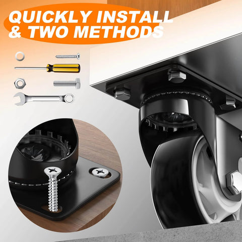 4 inch heavy duty caster wheels set of 4 rated 2400 lb total with 360 swivel dual locking brakes installation methods shown