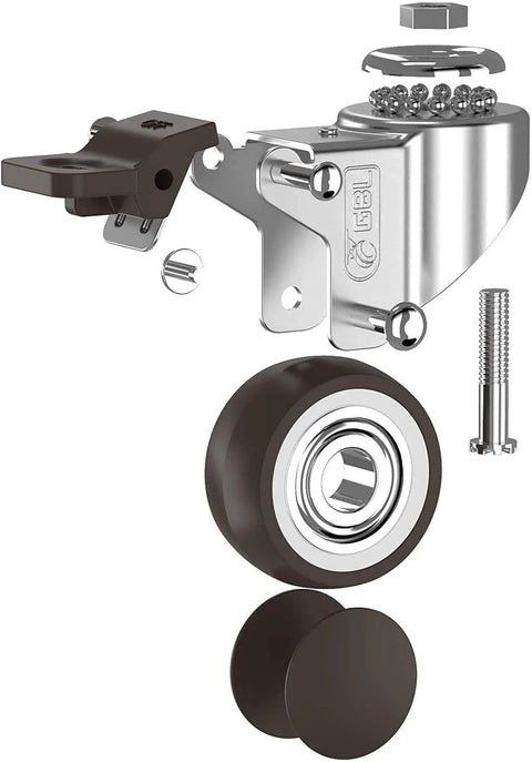 Exploded view of 1-Inch Small Caster Wheels with 2 Brakes, Low-Profile Silent Cart Casters, 90 lb capacity, M8x20mm screws included.