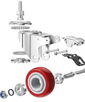 Exploded view of Three Inch Heavy Duty Stem Casters 360 Degree Swivel Durable PVC Wheels With Three Eighths Inch By Sixteen Threads Per Inch One Inch Length Dual Safety Locks And Bearings Easy To Install For Furniture And DIY Tools, showing components including red PVC tire, bearings, and steel parts.