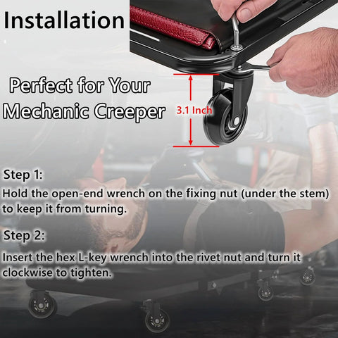 Installation of 2.5 Inch Caster Wheels Set Of 6 For Creeper And Mechanic Stool Heavy Duty Rubber Rolling Casters With 360 Degree Silent Rotation Replacement Wheels For Garage Seat Includes Tools For Easy Assembly