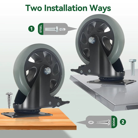 5 Inch Heavy Duty Caster Wheels Set Of 4 With Brakes, Silent Swivel Top Plate Locking Casters, Grey Polyurethane Casters installation