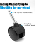 Single caster wheel with M8 grip neck stem, black nylon, labeled for 33lbs load, from 4pcs 1.5 Inch Swivel Caster Wheels with M8 Grip Neck Stem Heavy Duty Black Nylon Replacement Casters for Furniture.