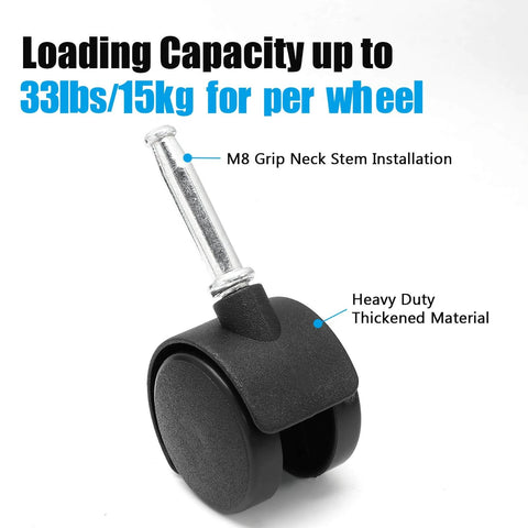 Single caster wheel with M8 grip neck stem, black nylon, labeled for 33lbs load, from 4pcs 1.5 Inch Swivel Caster Wheels with M8 Grip Neck Stem Heavy Duty Black Nylon Replacement Casters for Furniture.