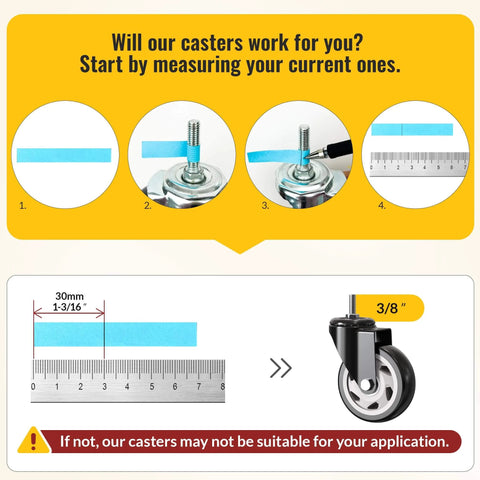Measuring guide for 4 Inch Total Locking Stem Caster Wheels Set of 4 Heavy Duty Swivel Casters with 3/8 Inch Threaded Stem.