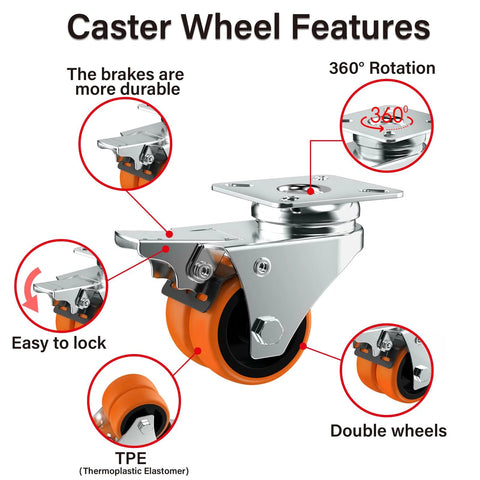 Image showing features of Two Wheel Casters Set Of Four Heavy Duty 2 Inch Orange TPE With Brake Double Wheel Swivel Plate Locking Castor Wheels