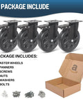 6 Inch Heavy Duty Caster Wheels Set of 4 with Brakes rated 3000 lbs total showcasing wheels and installation hardware in package.