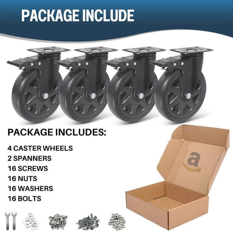 6 Inch Heavy Duty Caster Wheels Set of 4 with Brakes rated 3000 lbs total showcasing wheels and installation hardware in package.