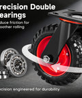 Close-up of 6 Inch Caster Wheels Set Of 4 With 2 Swivel And 2 Fixed Casters, heavy duty rubber wheels with knobby tread and bearings.
